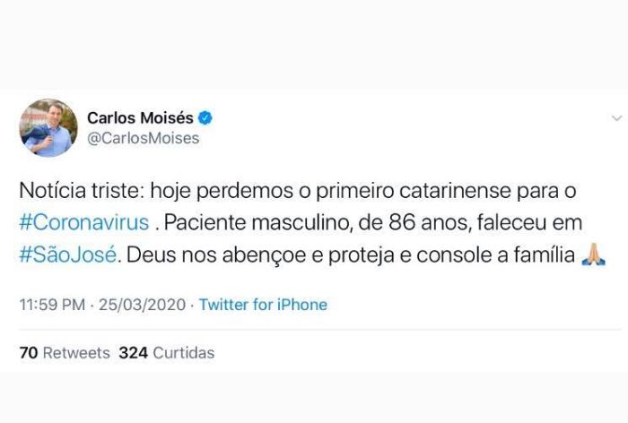 Santa Catarina tem primeira morte pelo novo coronavírus