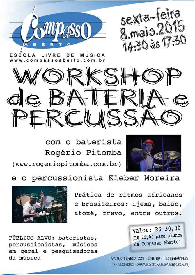 Workshop de bateria e percussão - linguagem musical, ritmos africanos e brasileiros