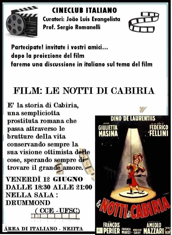 Mais um clássico de Fellini "Le notti di Cabiria" (Noites de Cabíria, 1957) no Cineclub Italiano