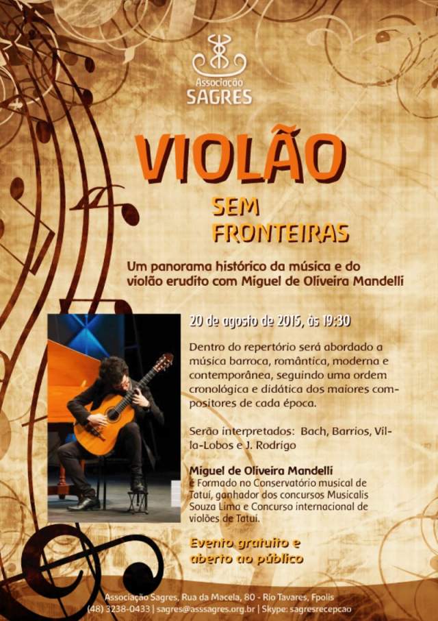 Apresentação gratuita "Violão sem fronteiras" com Miguel Mandelli