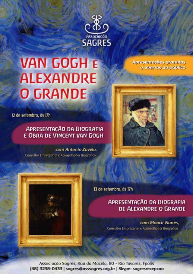 Palestras gratuitas sobre Biografias de Vincent van Gogh e de Alexandre o Grande