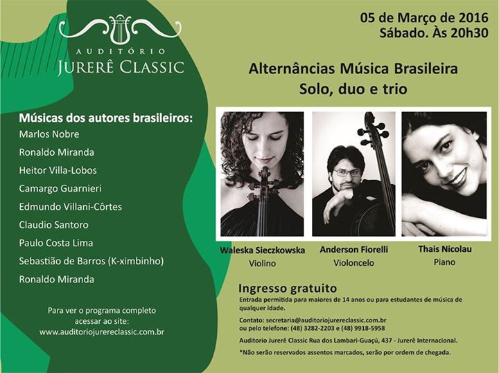 Concerto gratuito "Alternâncias Música Brasileira - Solo, Duo e Trio"