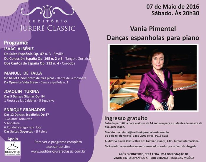 Concerto gratuito "Danzas españolas para piano" com Vania Pimentel