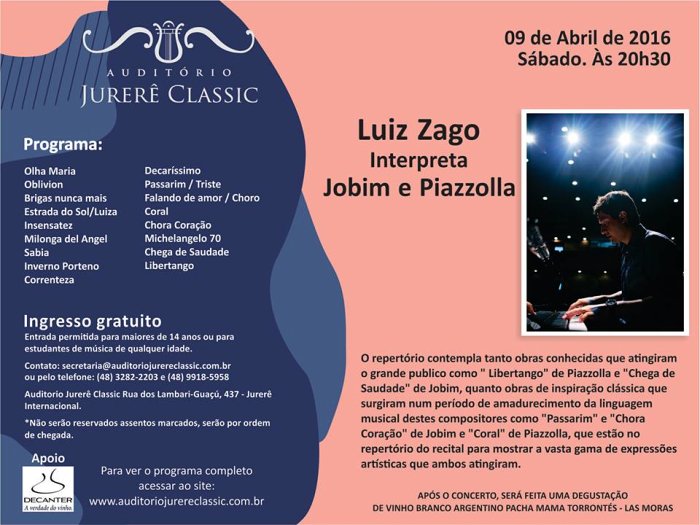 Concerto gratuito "Jobim e Piazzolla" com pianista Luiz Gustavo Zago