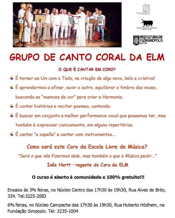 Inscrições para curso gratuito de Canto Coral da ELM - Escola Livre de Música