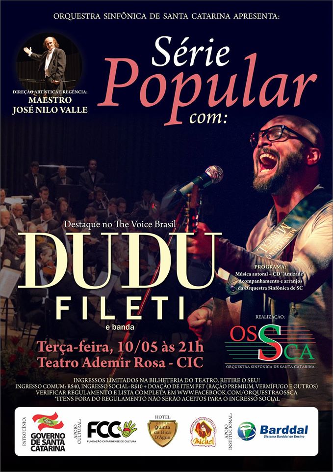 OSSCA Orquestra Sinfônica de Santa Catarina apresenta Série Popular com Dudu Fileti e Banda