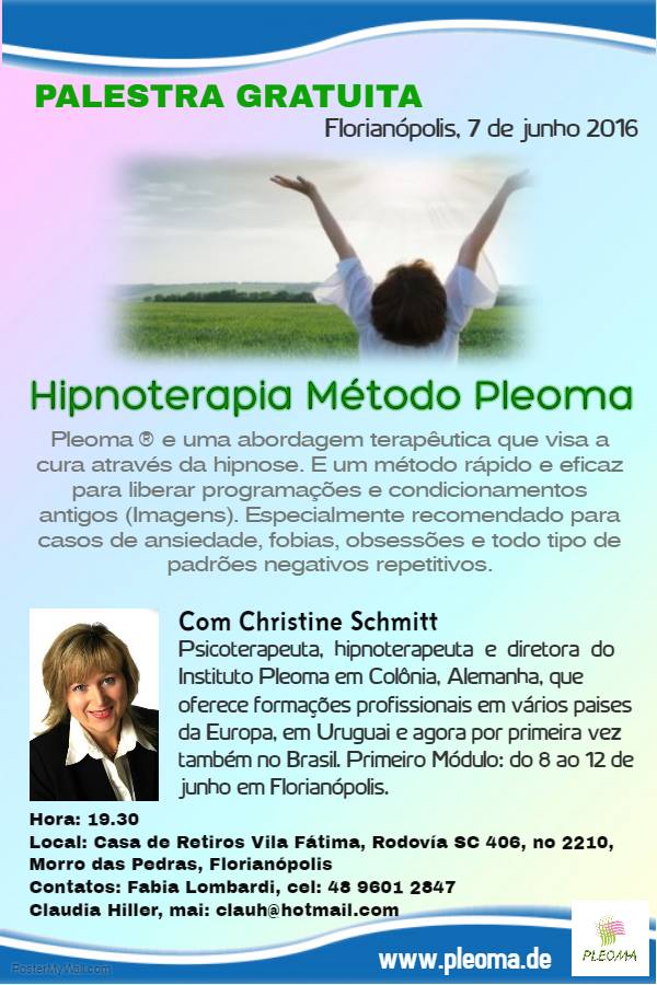Palestra gratuita "Hipnoterapia Método Pleoma" com Christine Schmitt