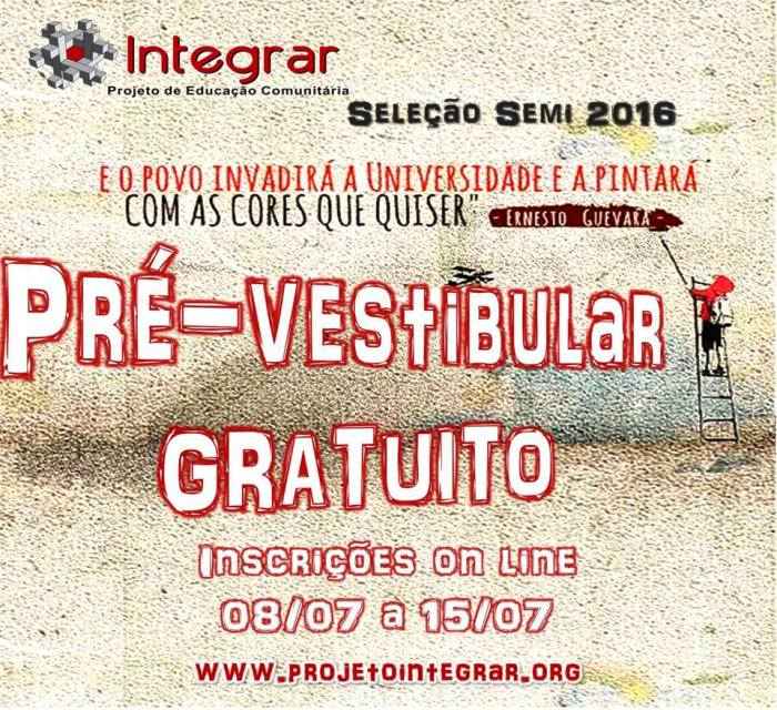 Inscrições para curso pré-vestibular gratuito SemiExtensivo 2016 do Projeto Integrar