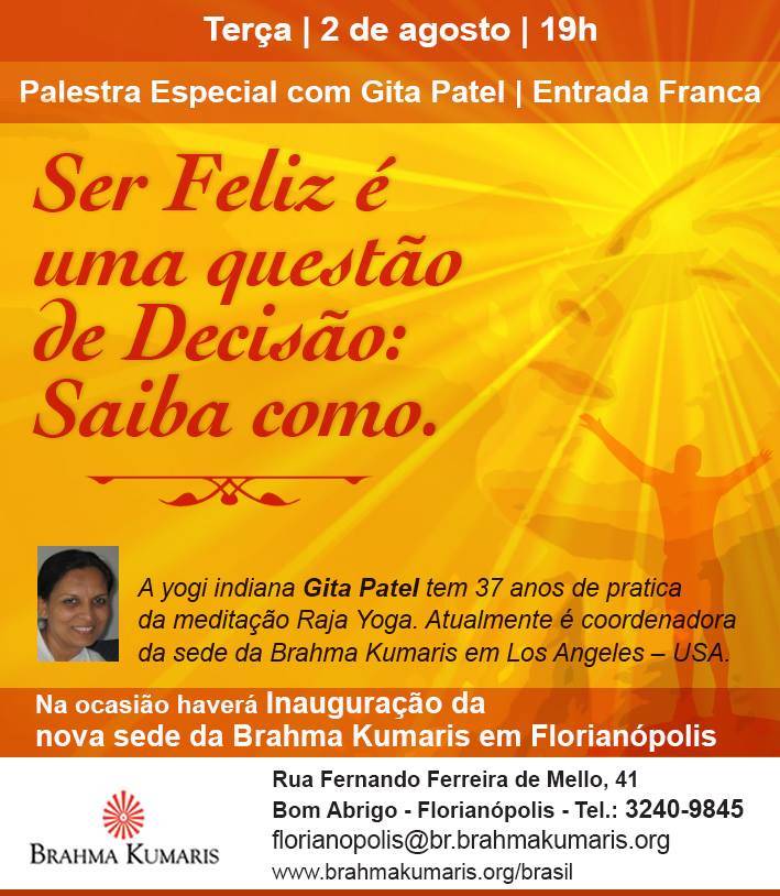 Palestra gratuita com indiana Gita Patel e inauguração da nova sede da Brahma Kumaris