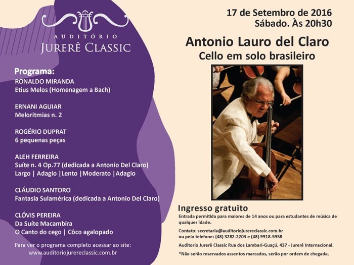 Concerto gratuito de Antonio Lauro del Claro "Cello em solo brasileiro"
