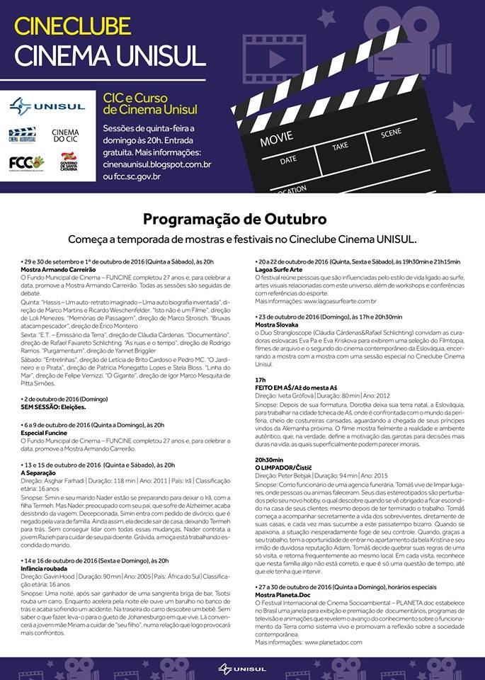 Programação gratuita de outubro do Cinema do CIC