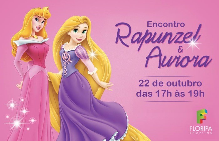 Encontro de Princesas Rapunzel e Aurora com apresentação musical e sessão de fotos gratuitas