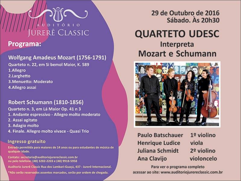 Quarteto de Cordas da Udesc interpreta Mozart e Schumann