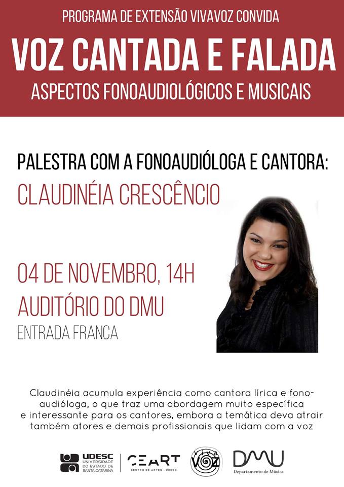 Palestra gratuita "Voz Cantada: aspectos fonoaudiológicos e musicais" com Claudinéia Crescêncio