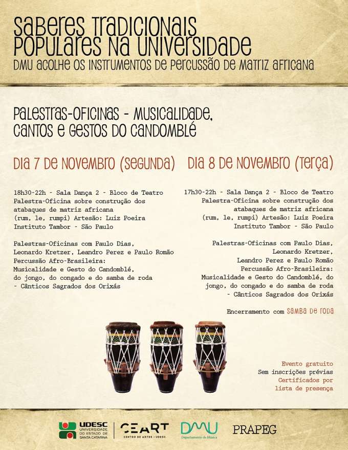 Palestras e oficinas de construção de instrumentos de matriz africana e música afro-brasileira