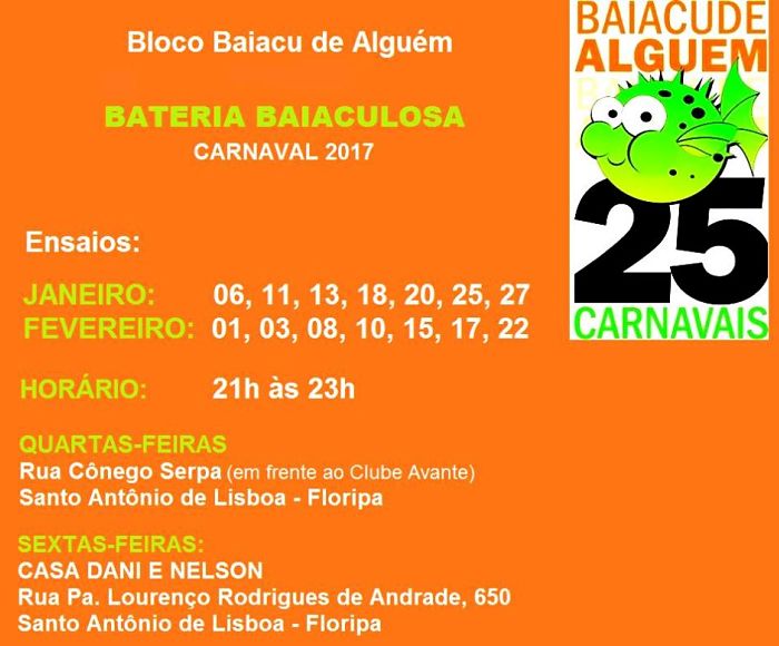 Ensaios da Bateria Baiaculosa do Bloco Baiacu de Alguém para o Carnaval 2017