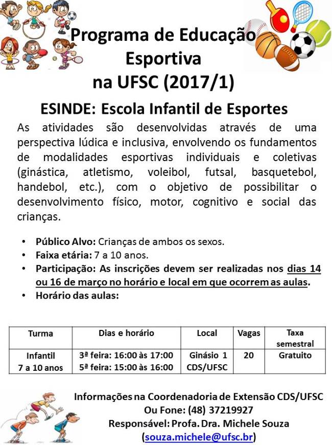 Atividades esportivas gratuitas para crianças na UFSC