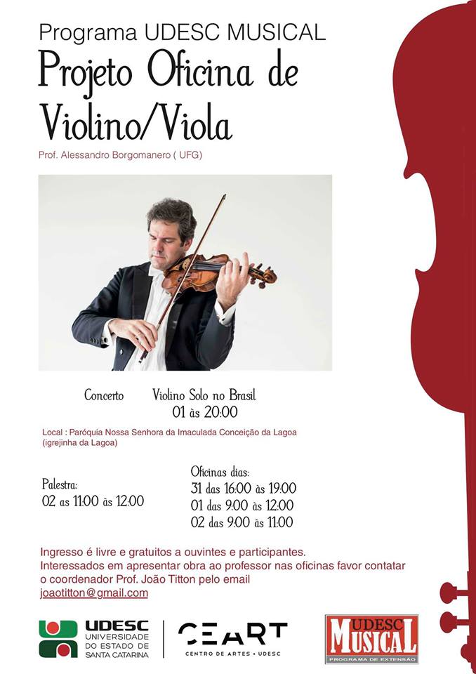 Palestra, oficinas e concerto gratuitos com Professor de violino da UFG