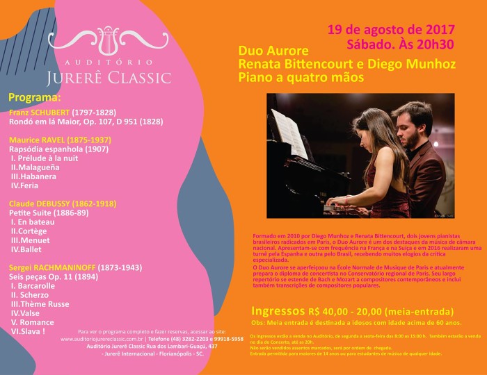 Duo Aurore apresenta concerto de piano a quatro mãos com obras de Dvorak, Ravel, Schubert e Rachmaninoff