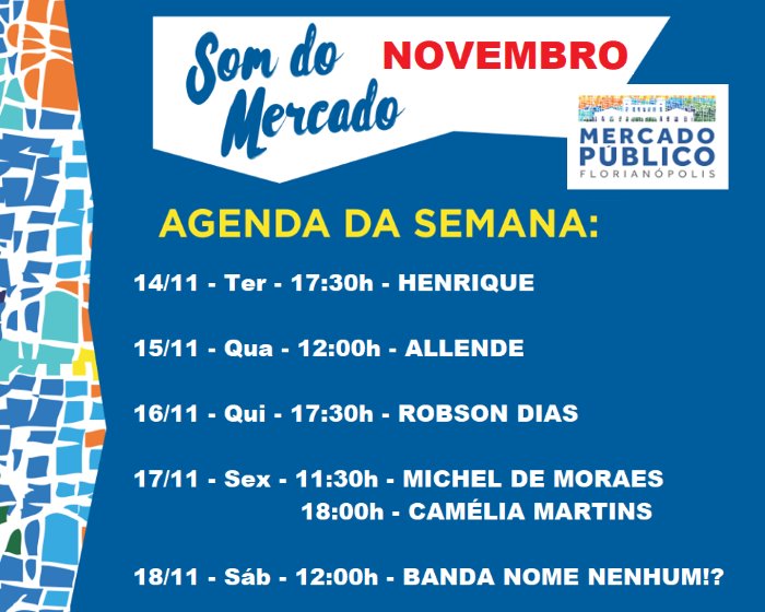 "Som do Mercado" - programação musical gratuita do Mercado Público de 14 a 18 de novembro