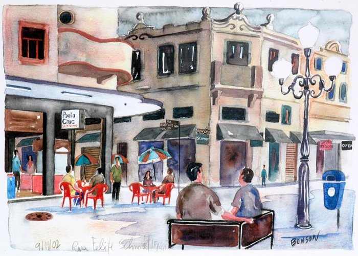 Exposição com aquarelas de Bonson, um retrato colorido do cotidiano do Centro de Florianópolis