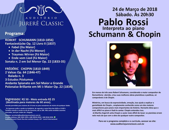 Pianista Pablo Rossi interpreta Schumann e Chopin